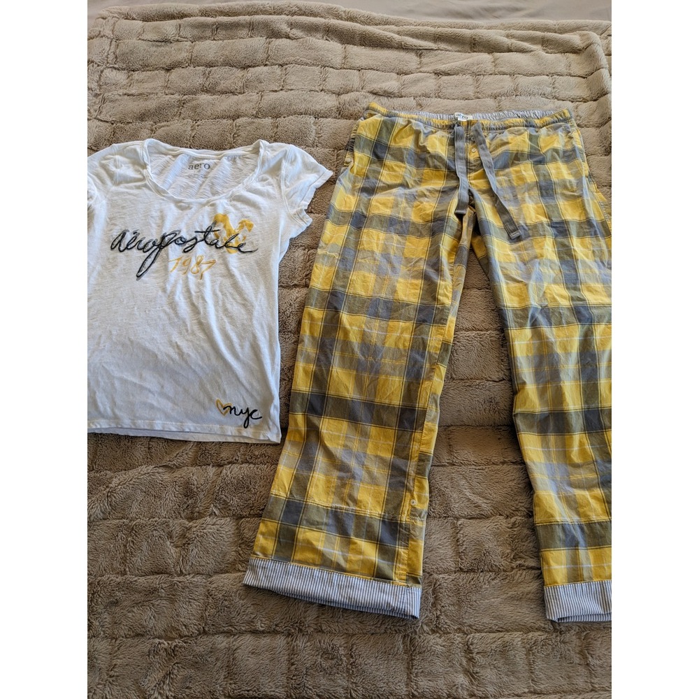 Aeropostale Womens Pajama Set Yellow Grey Plaid Pants Graphic T-Shirt Large L